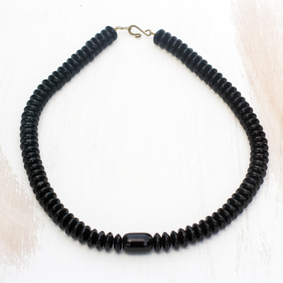 Recycled plastic beaded necklace, 'All Black' - Black Recycled Plastic Beaded Necklace from Ghana