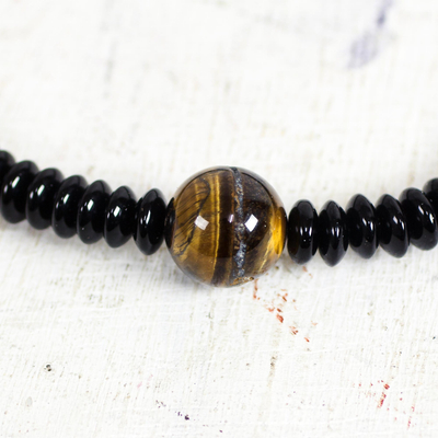 Tiger's eye and recycled plastic beaded pendant necklace, 'Eco Gem' - Tiger's Eye and Recycled Plastic Beaded Pendant Necklace