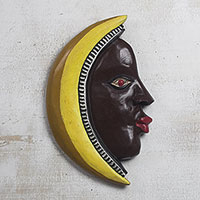 Wood wall sculpture, 'Man in the Crescent Moon' - Hand Carved Wood Wall Sculptu of Man in Yellow Crescent Moon