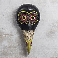 Máscara de madera africana, 'Avian Eyes' - Marrón con máscara de pájaro africano de madera tallada a mano roja y amarilla