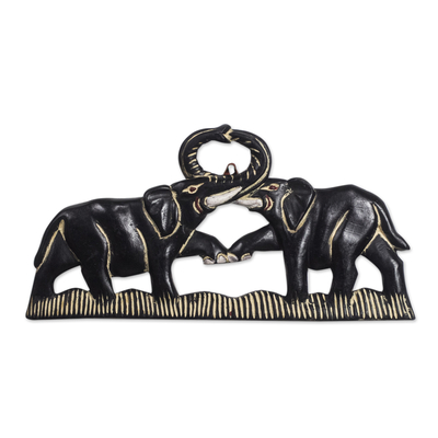 Wood wall sculpture, 'Elephant Fight' - Elephant-Themed Sese Wood Wall Sculpture from Ghana