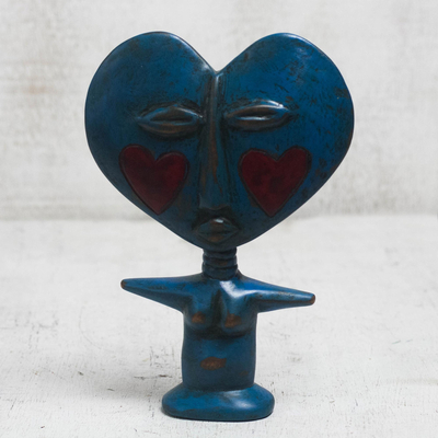 Wood fertility doll, 'Blue Lover' - Handcrafted Sese Wood Fertility Doll in Blue from Ghana