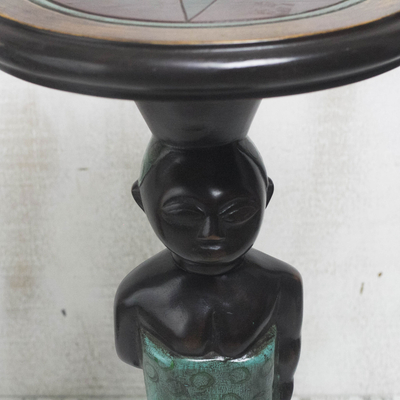 Cedar wood accent table, 'Hardworking Mother' - Cedar Wood Mother and Child Accent Table from Ghana
