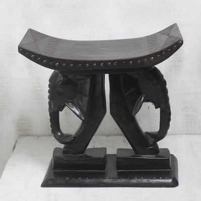 Wood stool, 'Elephant Carriers' - Elephant-Themed Sese Wood Stool from Ghana