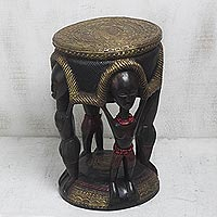 Brass and wood stool, 'Uplifting Unity' - Hand Carved Sese Wood and Brass Unity Stool from Ghana