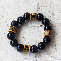 Recycled plastic bead stretch bracelet, 'Madanfo' - Bold Black and Yellow Recycled Bead Stretch Bracelet