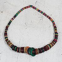 Coconut shell beaded long necklace, 'Impressive Color' - Colorful Coconut Shell Beaded Necklace from Ghana