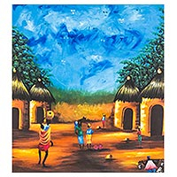 'Escena de un pueblo africano' - Pintura paisajista impresionista firmada de Ghana