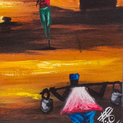 'Escena de pueblo africano' - Pintura de paisaje de pueblo impresionista firmada de Ghana