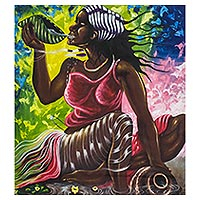 'Water is Life' - Signed Expressionist Painting of a Woman with a Conch