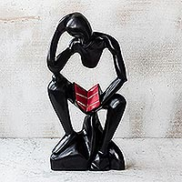 Wood sculpture, 'Bible Reader' - Hand-Carved Wood Sculpture of a Person Reading from Ghana