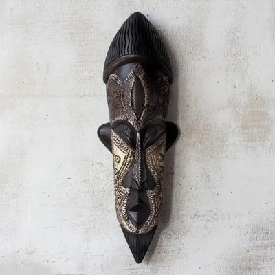 African wood mask, 'Have Patience' - Handcrafted Sese Wood and aluminium African Mask from Ghana