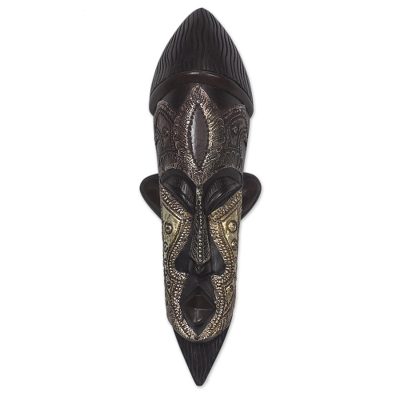 African wood mask, 'Have Patience' - Handcrafted Sese Wood and Aluminum African Mask from Ghana