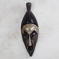 African wood mask, 'African Elder' - Handmade Sese Wood and Aluminum African Mask from Ghana