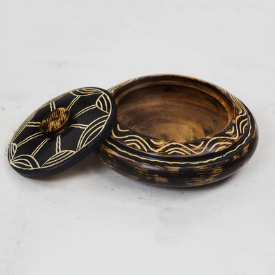 Wood decorative jar, 'African Waves' - Handmade Sese Wood Decorative Jar from Ghana