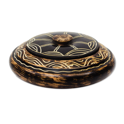 Wood decorative jar, 'African Waves' - Handmade Sese Wood Decorative Jar from Ghana