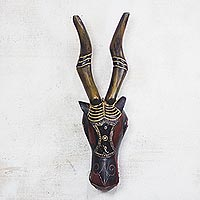 African wood mask, 'Deer' - Handmade African Wood Deer Mask from Ghana