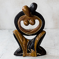 Wood sculpture, 'Maphikelela' - Couple Embracing Black and Brown Hand Carved Wood Statuette