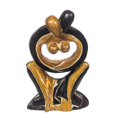 Wood sculpture, 'Maphikelela' - Couple Embracing Black and Brown Hand Carved Wood Statuette