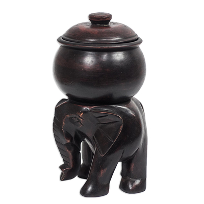 Wood decorative jar, 'Elephant's Cargo' - Hand Carved Wood Elephant Statuette with Lidded Jar