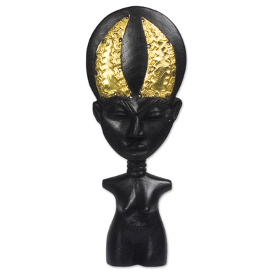 Wood sculpture, 'Black Akuaba' - Sese Wood and Brass Akuaba Doll Sculpture from Ghana