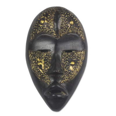 African wood mask, 'Female Dan' - Black and Gold African Wood Dan Mask from Ghana