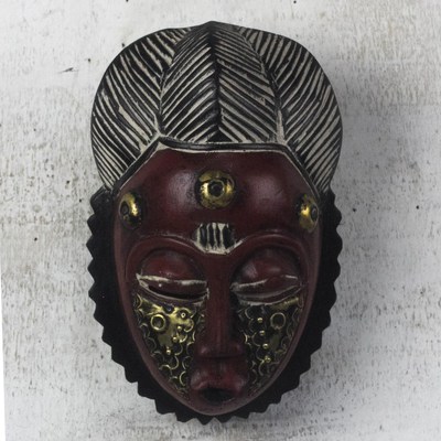 African wood mask, 'Red Baule' - African Wood Baule-Inspired Mask from Ghana