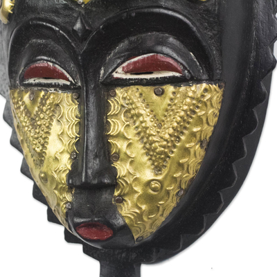 African wood mask, 'Baule Friendship' - Black and Gold African Wood Baule-Inspired Mask from Ghana
