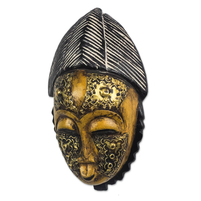 African wood mask, 'Yellow Baule' - Yellow and Gold African Wood Baule-Inspired Mask from Ghana
