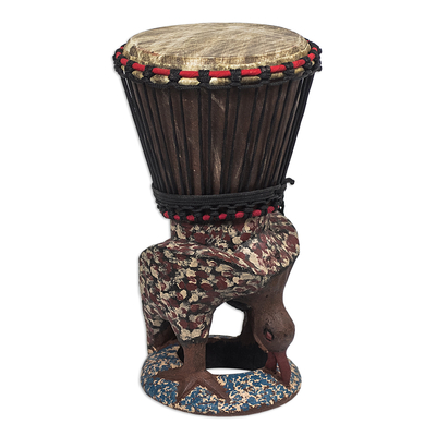 Wood drum, 'Eagle Call' - Brown and Red Handcrafted Wood Djembe Drum with Eagle Base