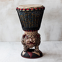 Wood drum, 'Tiger Call' - Brown and Cream Handcrafted Wood Djembe Drum with Tiger Base