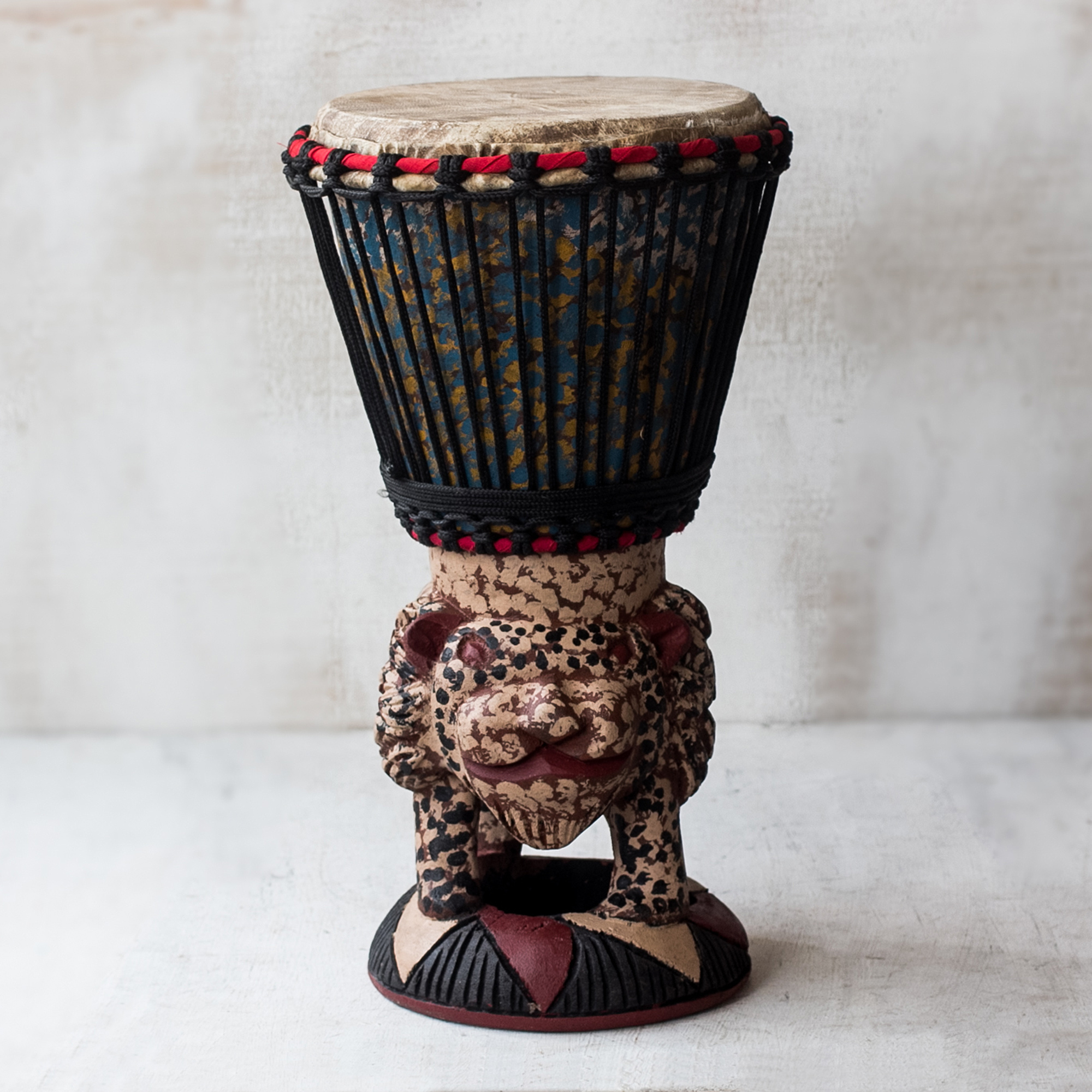 Brown and Cream Handcrafted Wood Djembe Drum with Tiger Base, 'Tiger Call'