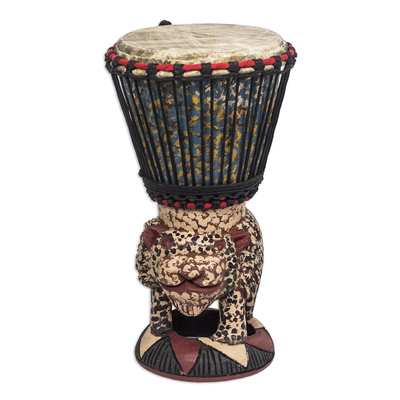 Wood drum, 'Tiger Call' - Brown and Cream Handcrafted Wood Djembe Drum with Tiger Base