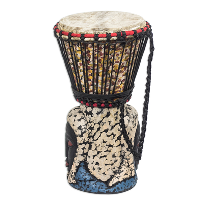 Wood drum, 'Ohemmaa' - Brown and Cream Handcrafted Wood Djembe Drum with Woman Base