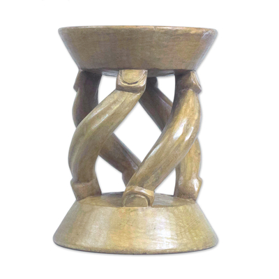 Wood decorative stool, 'Angelic Curves' - Handmade Wood Decorative Stool in Brown from Ghana