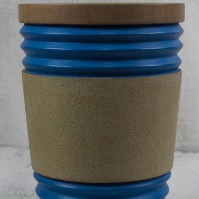 Wood decorative vase, 'Blue Rings' - Cedar Wood Decorative Vase in Brown and Blue from Ghana