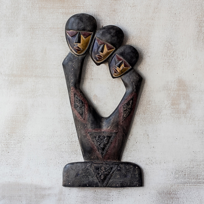 Wood wall sculpture, 'Unity Heads' - Hand-Carved Sese Wood Wall Sculpture from Ghana