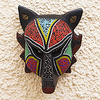 African beaded wood mask, 'Wild Wolf' - African Recycled Plastic Beaded Wood Wall Mask from Ghana