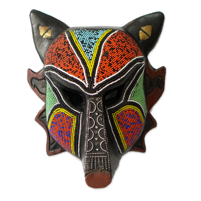 African Recycled Plastic Beaded Wood Wall Mask from Ghana