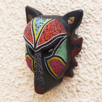 African beaded wood mask, 'Wild Wolf' - African Recycled Plastic Beaded Wood Wall Mask from Ghana