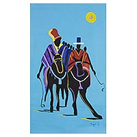 'Fight for Your Right' - Signed Expressionist Painting of Men on Horses from Ghana