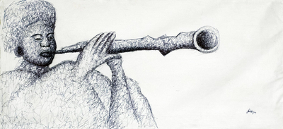 'Sonido de flauta' - Pintura expresionista de una mujer tocando una flauta de Ghana