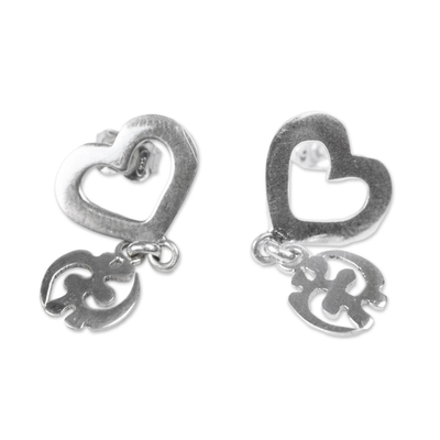 Sterling silver dangle earrings, 'Gye Nyame with Heart' - Adinkra Gye Nyame Dangle Earrings from Ghana