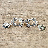 Sterling silver dangle earrings, 'Gye Nyame and Fihankra' - Adinkra-Themed Sterling Silver Dangle Earrings from Ghana