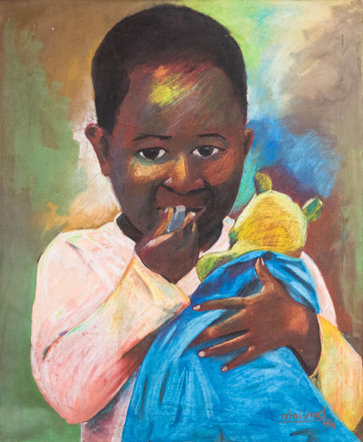'Child Series III' - Pintura expresionista firmada de un niño de Ghana