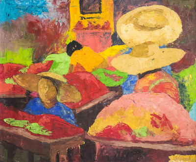 'Markt-Szene - Signierte expressionistische Marktszenenmalerei aus Ghana