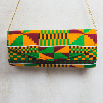 Cotton baguette handbag, 'Kente Grace' - Kente Motif Cotton Shoulder Bag from Ghana