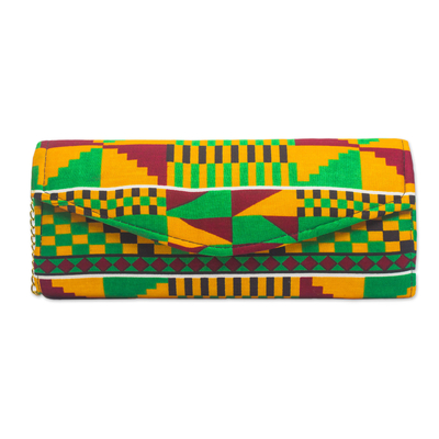 Cotton baguette handbag, 'Kente Grace' - Kente Motif Cotton Shoulder Bag from Ghana