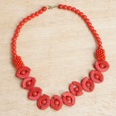 Bone and recycled plastic beaded necklace, 'African Romance' - Red Bone and Recycled Plastic Beaded Necklace from Ghana