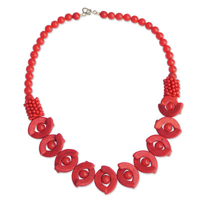 Bone and recycled plastic beaded necklace, 'African Romance' - Red Bone and Recycled Plastic Beaded Necklace from Ghana